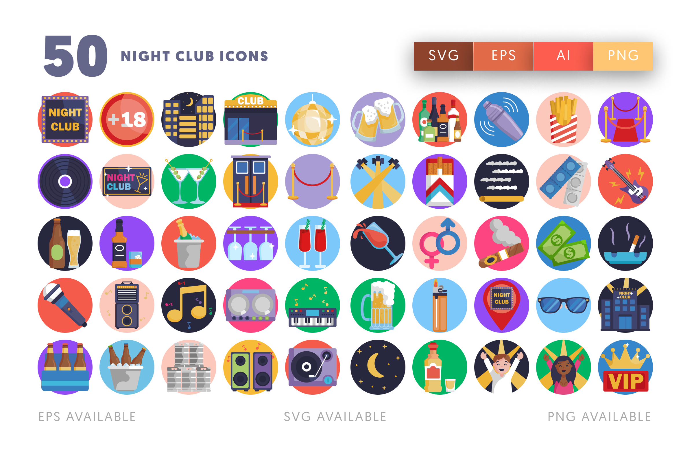 50 Night Club Icons – flat circle icon set