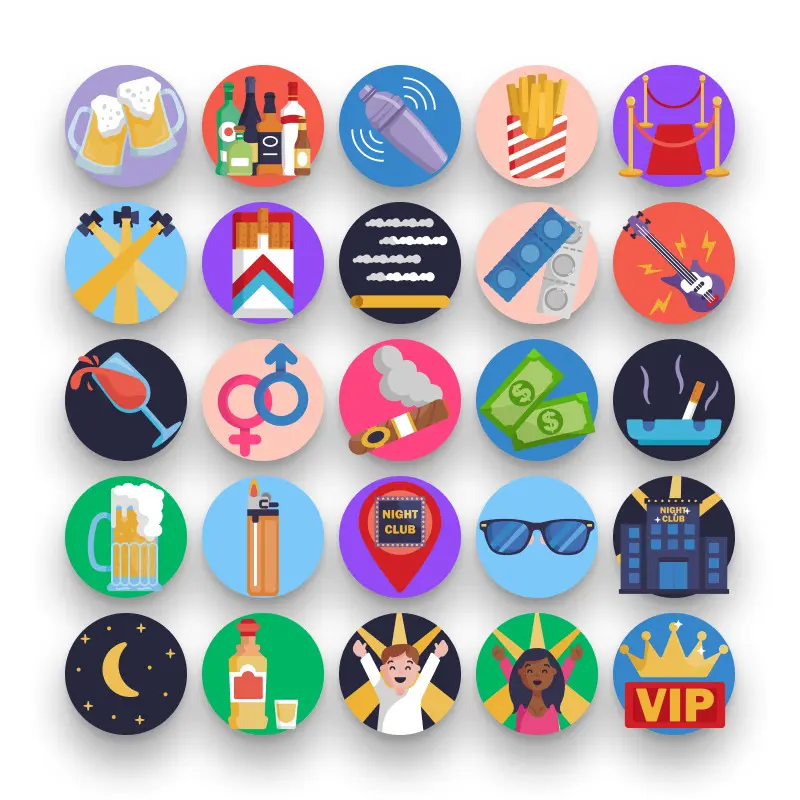 50 Night Club Icons – set of colorful flat circle icons