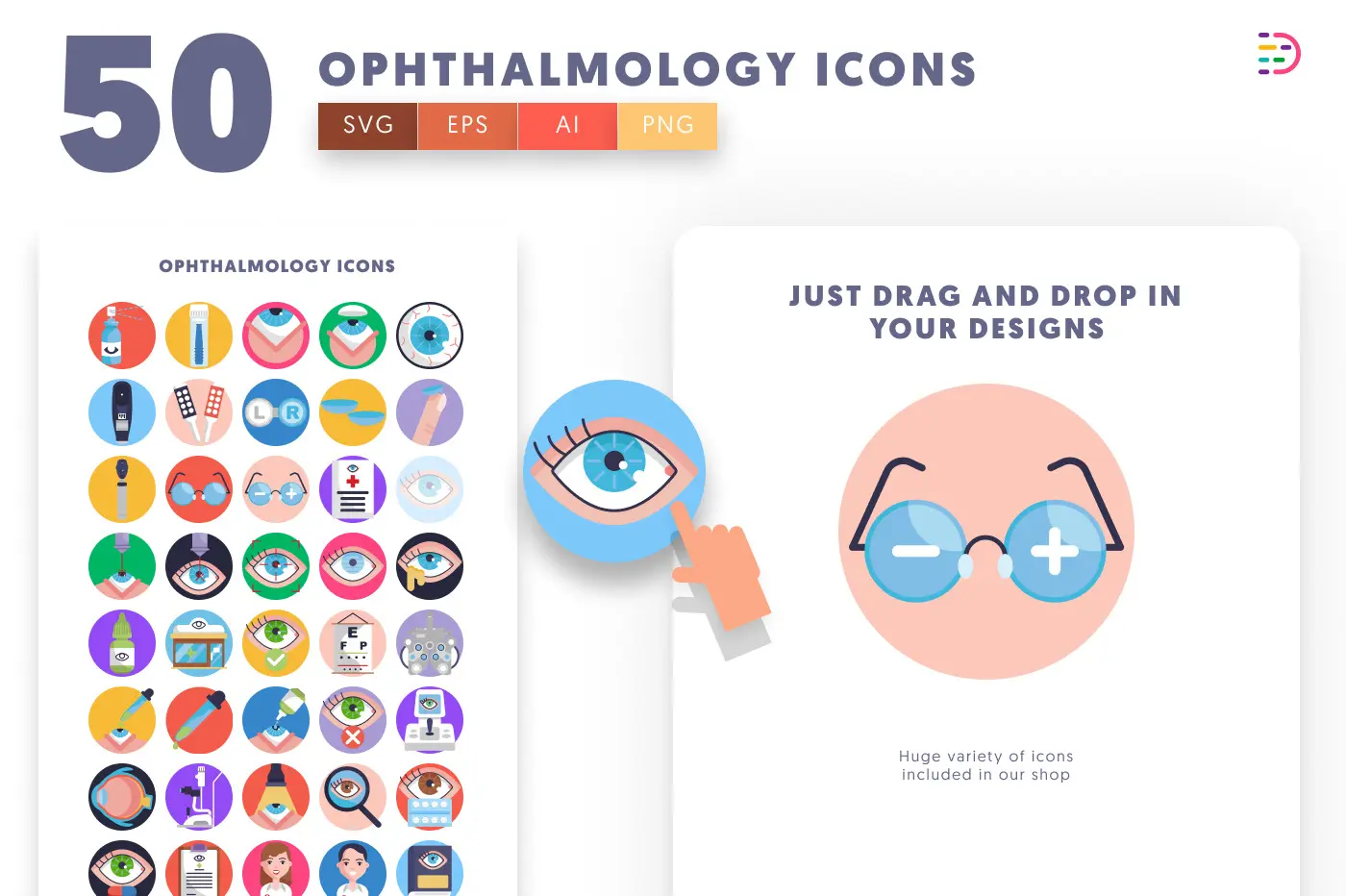 50 Ophthalmology Icons preview 1 – flat circle icons in PNG, SVG and EPS