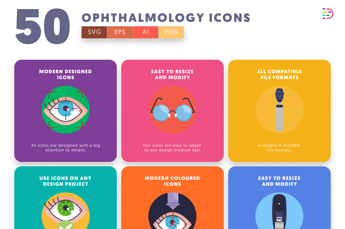 50 Ophthalmology Icons preview 5 – flat circle icons in PNG, SVG and EPS