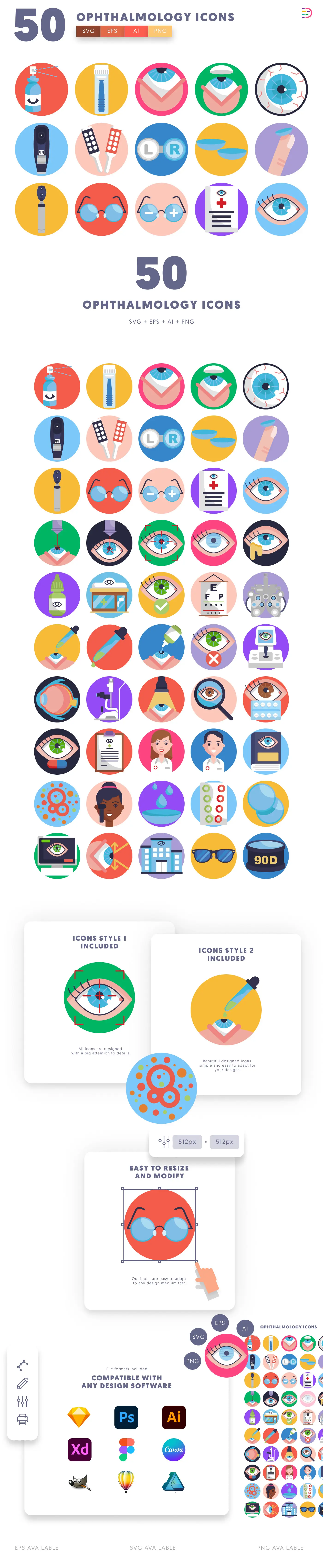 50 Ophthalmology Icons cover – flat circle icons in PNG, SVG and EPS
