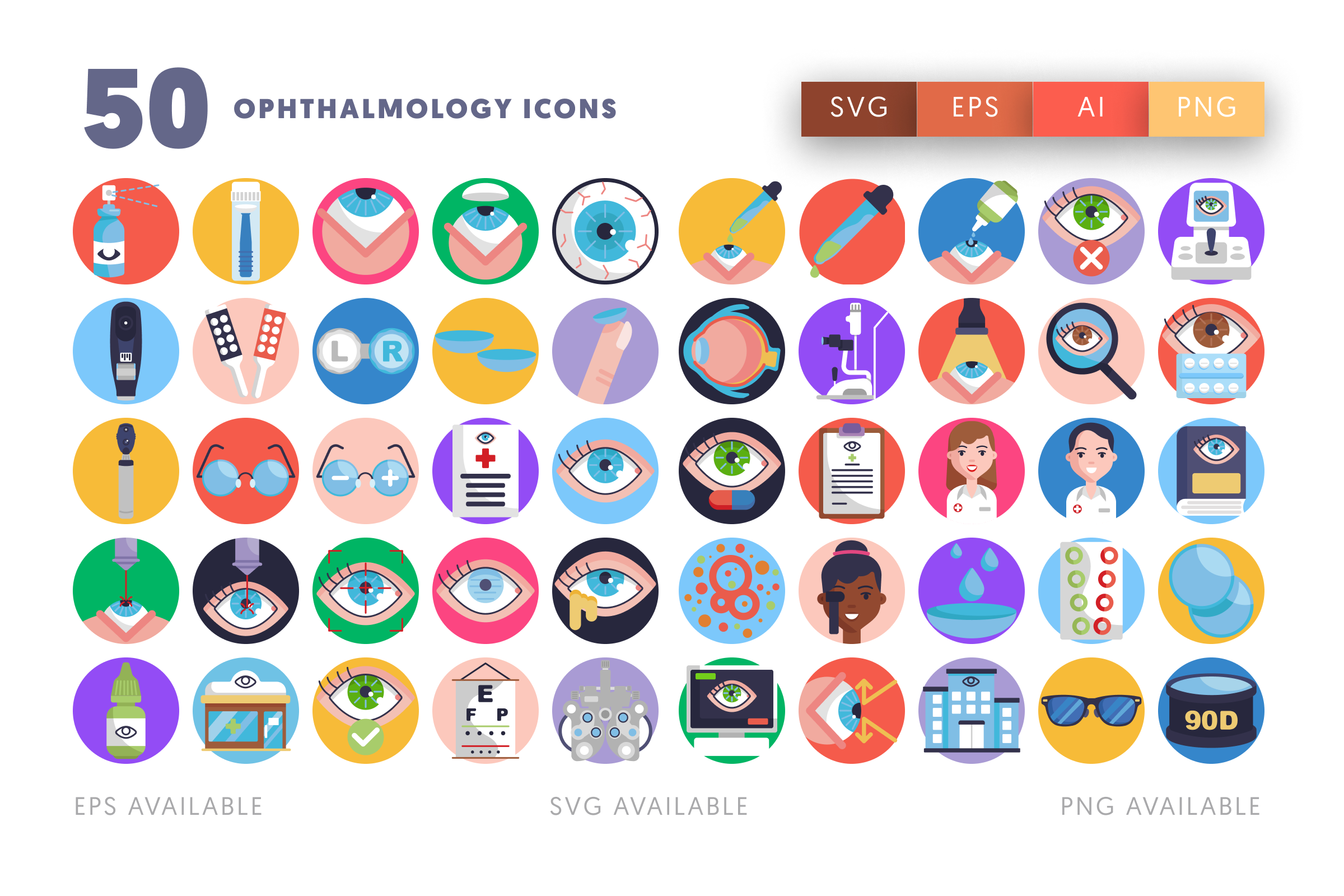50 Ophthalmology Icons – flat circle icon set
