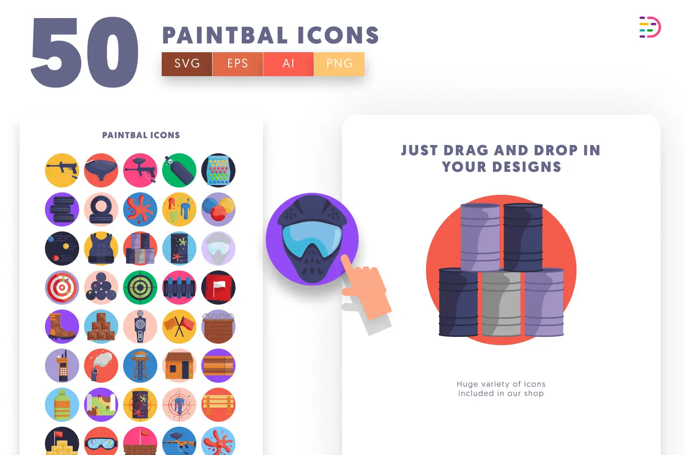 50 Paintball Icons preview 1 – flat circle icons in PNG, SVG and EPS