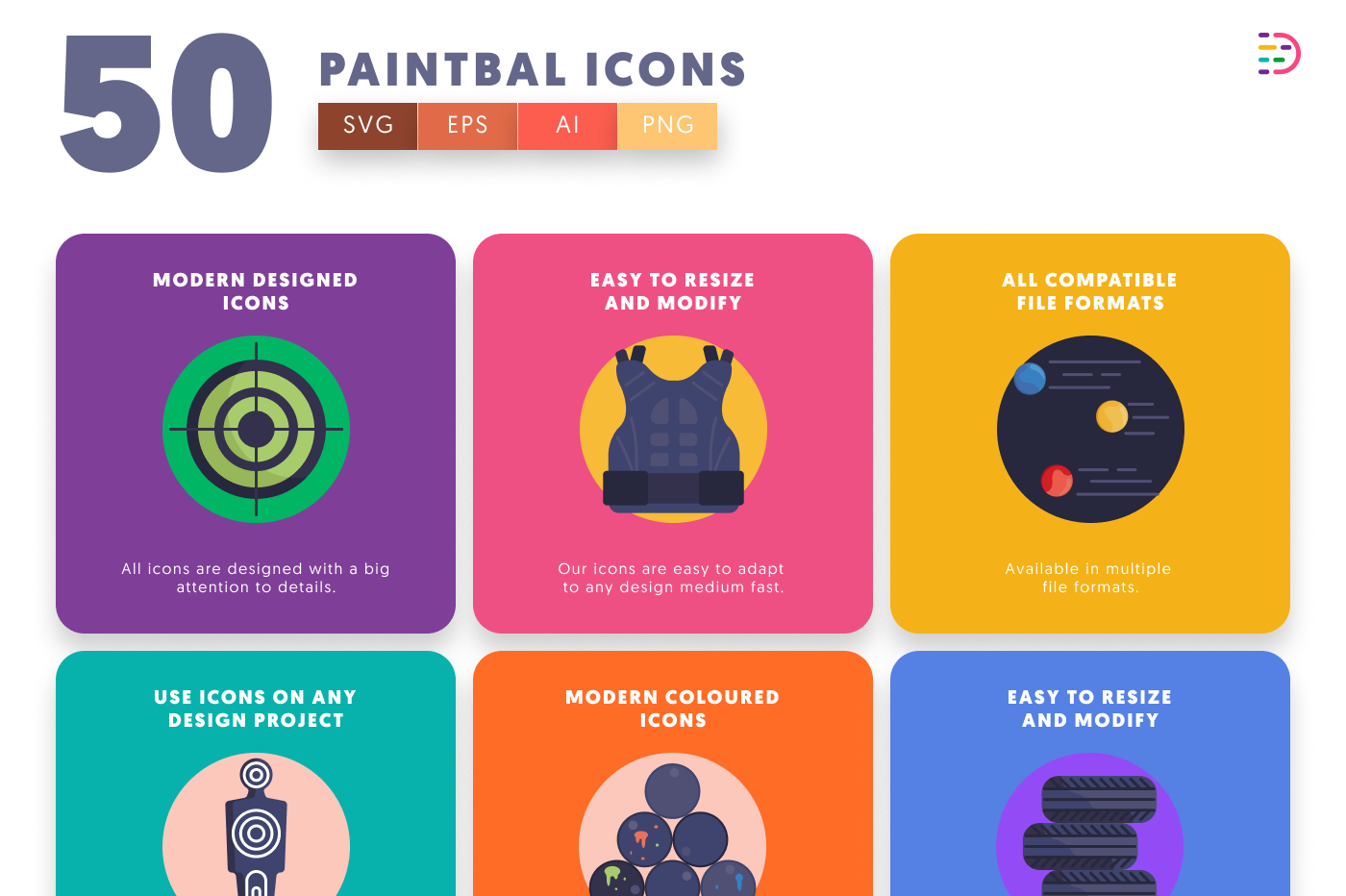 50 Paintball Icons preview 5 – flat circle icons in PNG, SVG and EPS