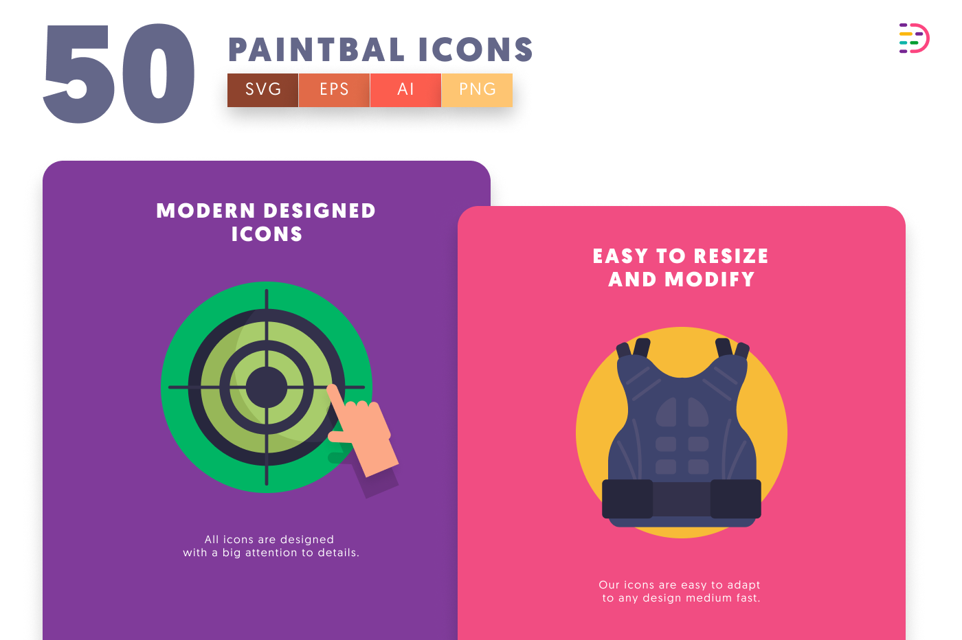50 Paintball Icons cover – flat circle icons in PNG, SVG and EPS