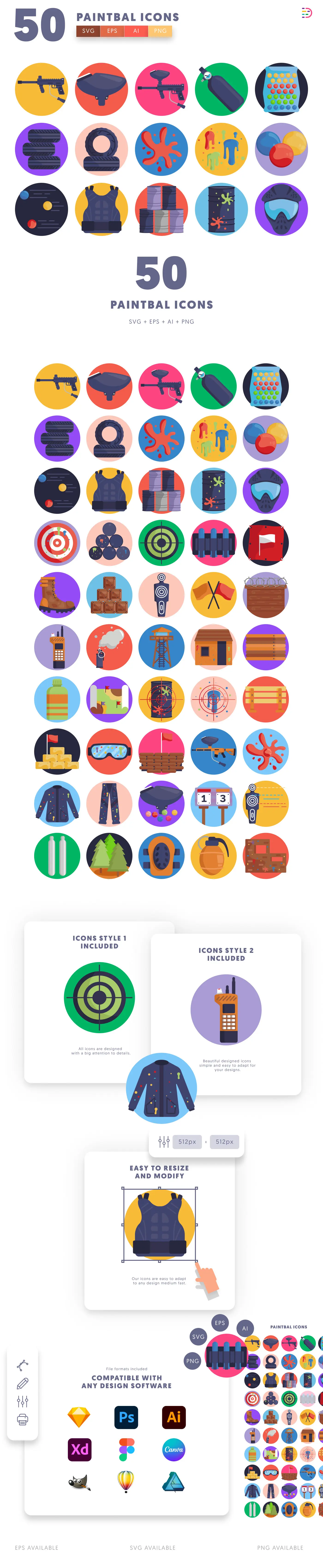 50 Paintball Icons cover – flat circle icons in PNG, SVG and EPS