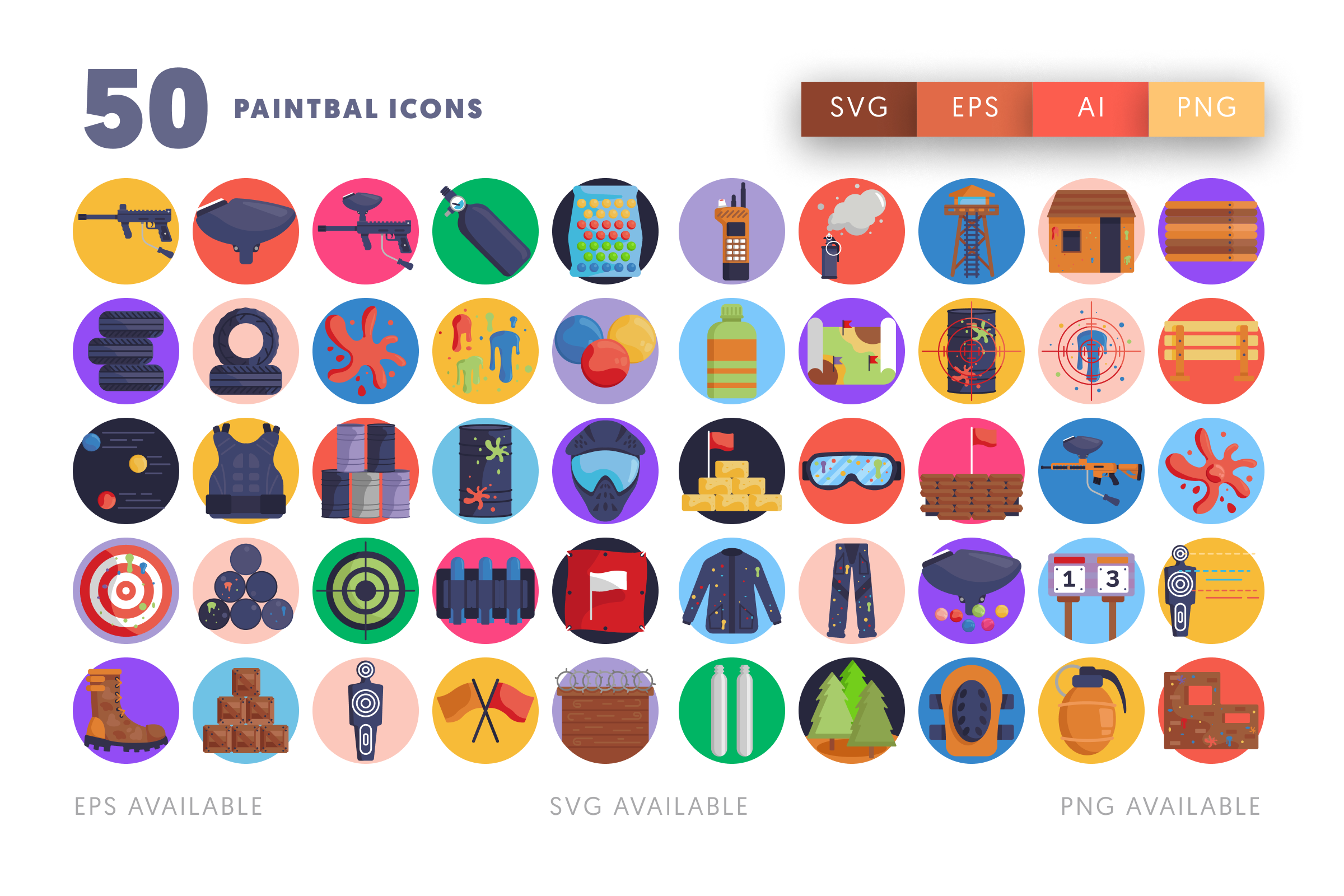 50 Paintball Icons – flat circle icon set