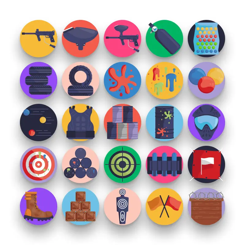 50 Paintball Icons – set of colorful flat circle icons