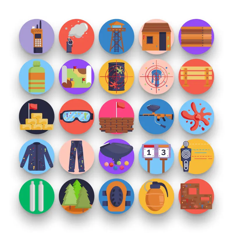 50 Paintball Icons – set of colorful flat circle icons