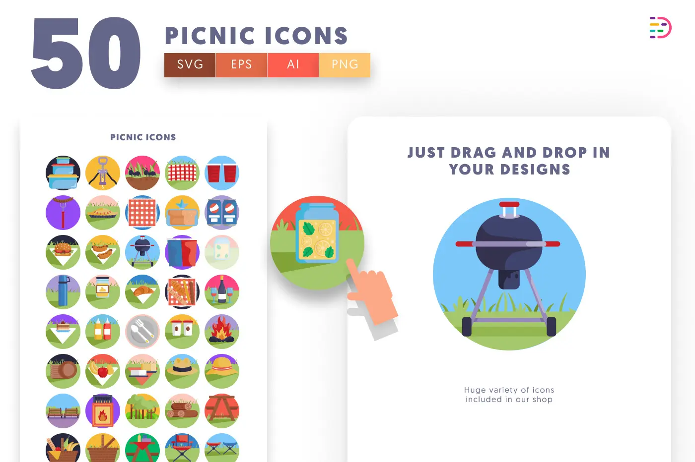 50 Picnic Icons preview 1 – flat circle icons in PNG, SVG and EPS