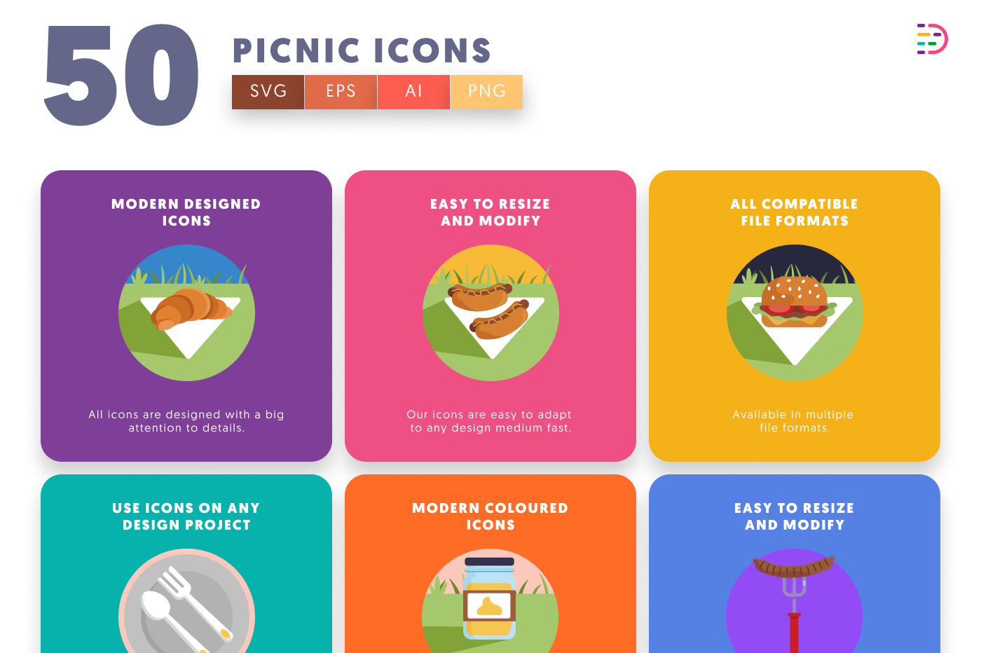 50 Picnic Icons preview 5 – flat circle icons in PNG, SVG and EPS