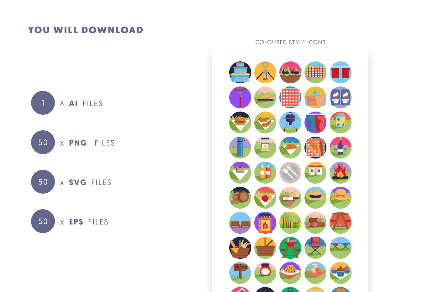 50 Picnic Icons preview 9 – flat circle icons in PNG, SVG and EPS