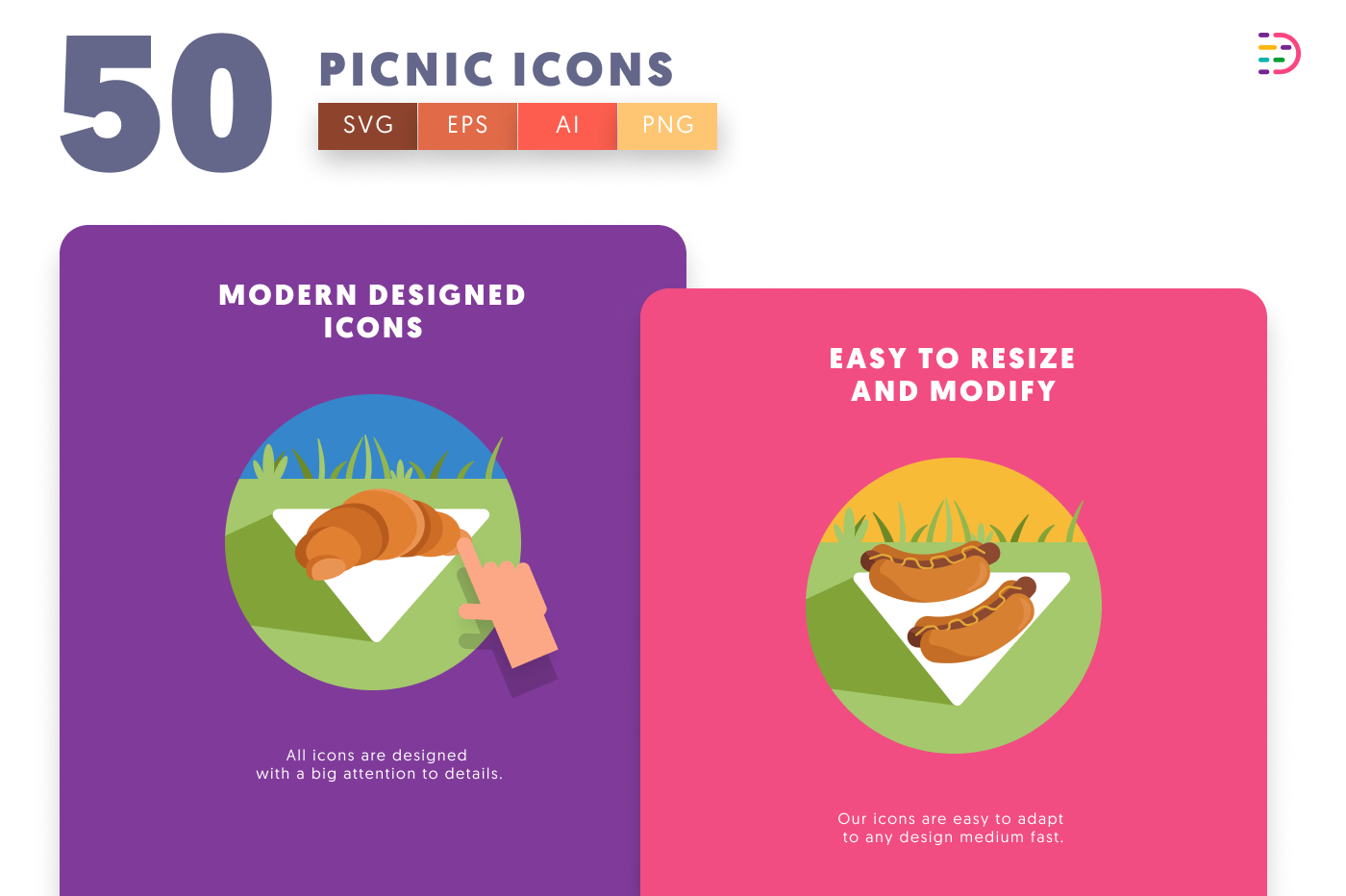 50 Picnic Icons cover – flat circle icons in PNG, SVG and EPS
