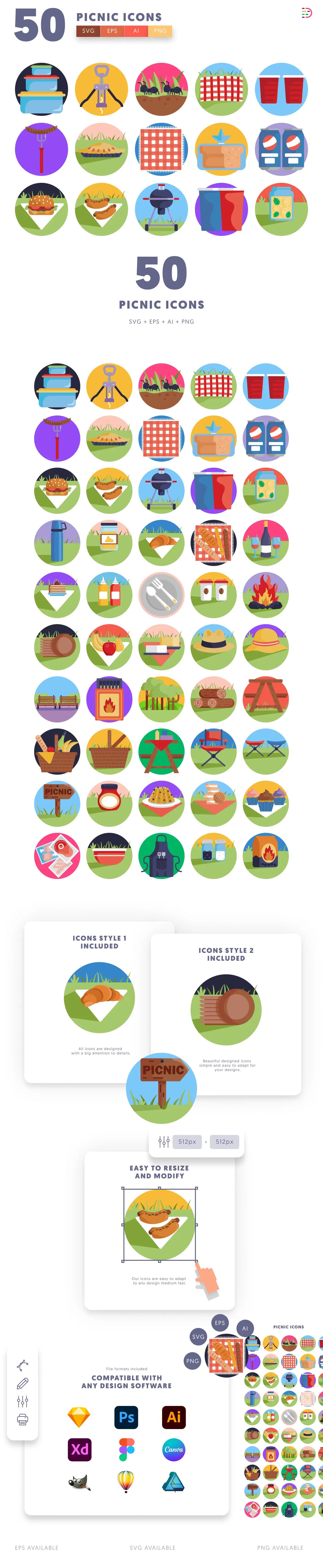 50 Picnic Icons cover – flat circle icons in PNG, SVG and EPS