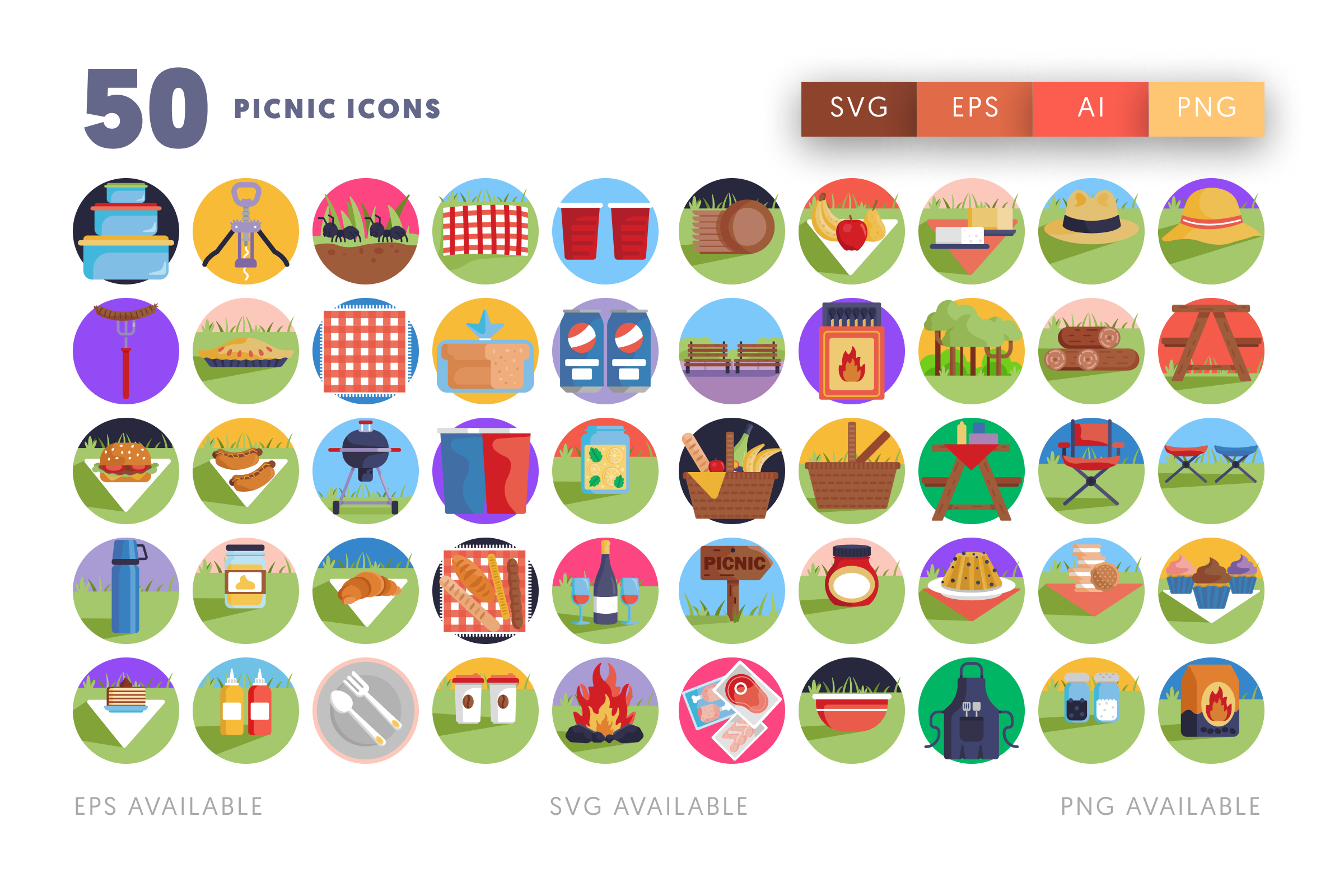 50 Picnic Icons – flat circle icon set