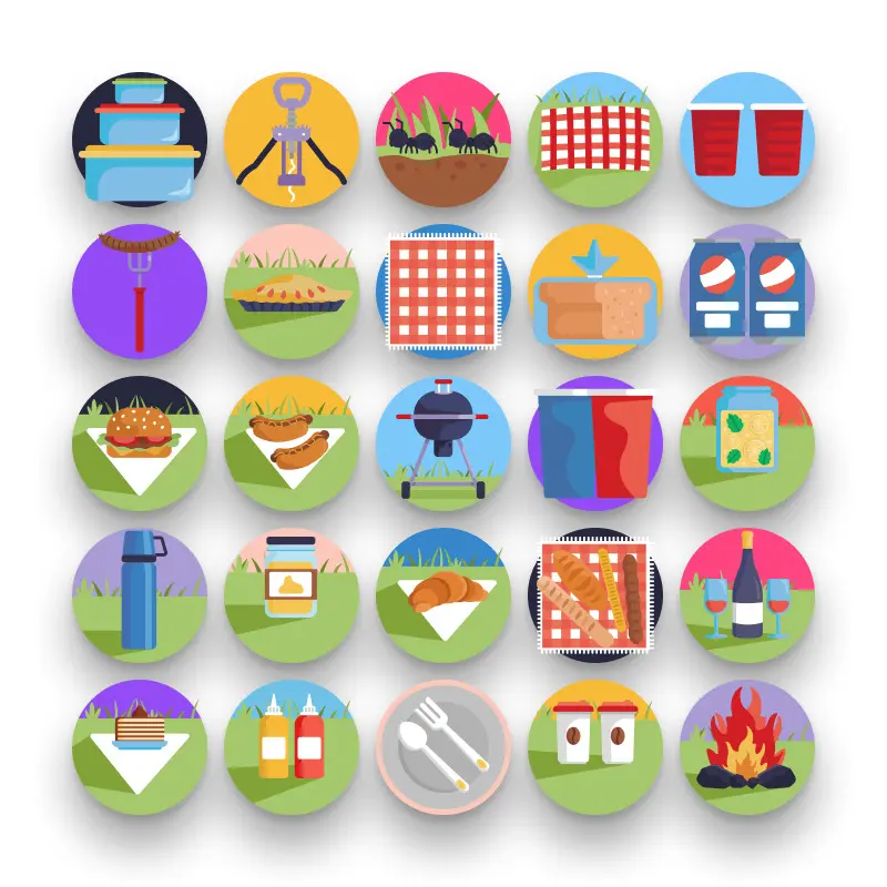 50 Picnic Icons – set of colorful flat circle icons