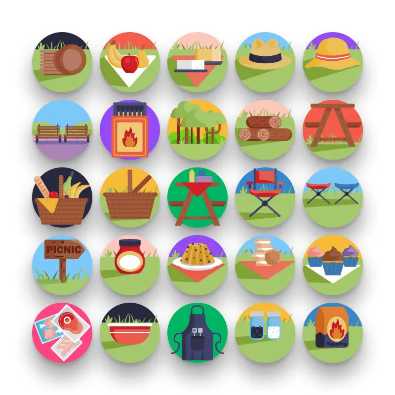 50 Picnic Icons – set of colorful flat circle icons