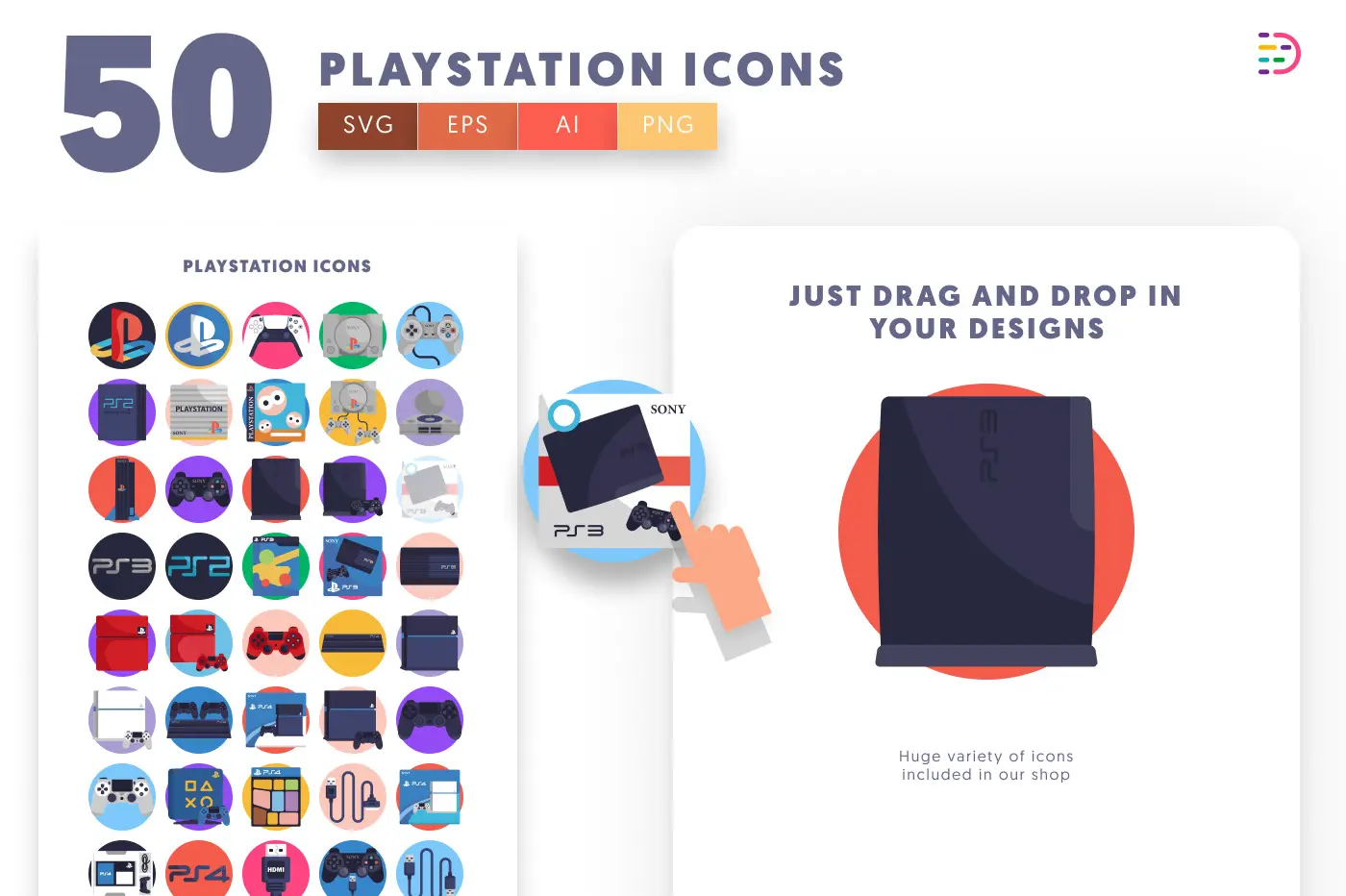 50 Playstation Icons preview 1 – flat circle icons in PNG, SVG and EPS