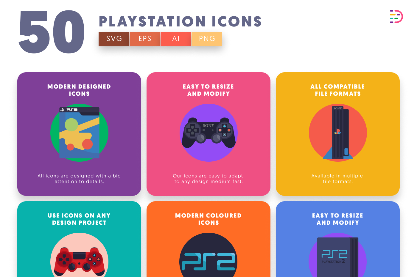 50 Playstation Icons preview 5 – flat circle icons in PNG, SVG and EPS