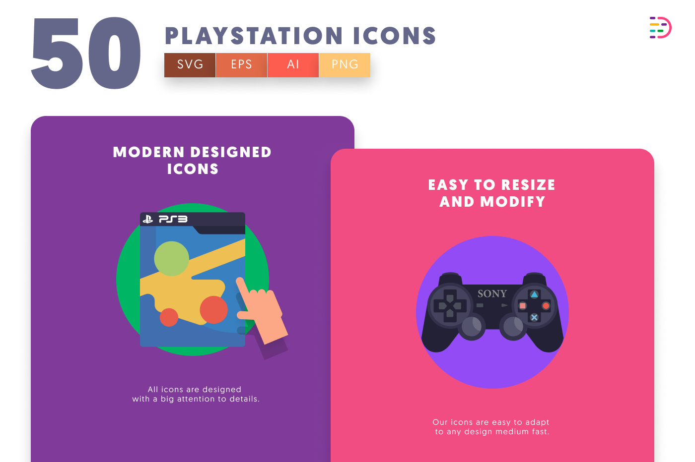 50 Playstation Icons cover – flat circle icons in PNG, SVG and EPS