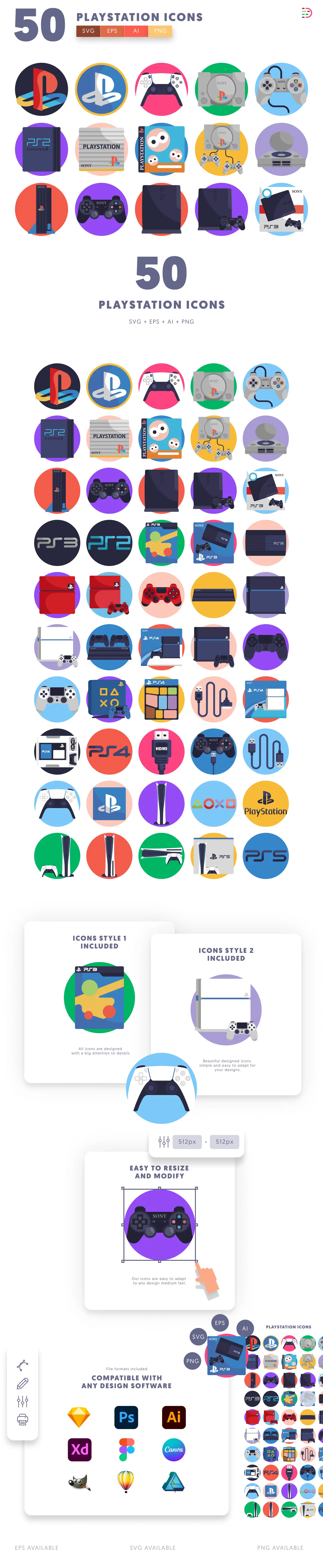 50 Playstation Icons cover – flat circle icons in PNG, SVG and EPS