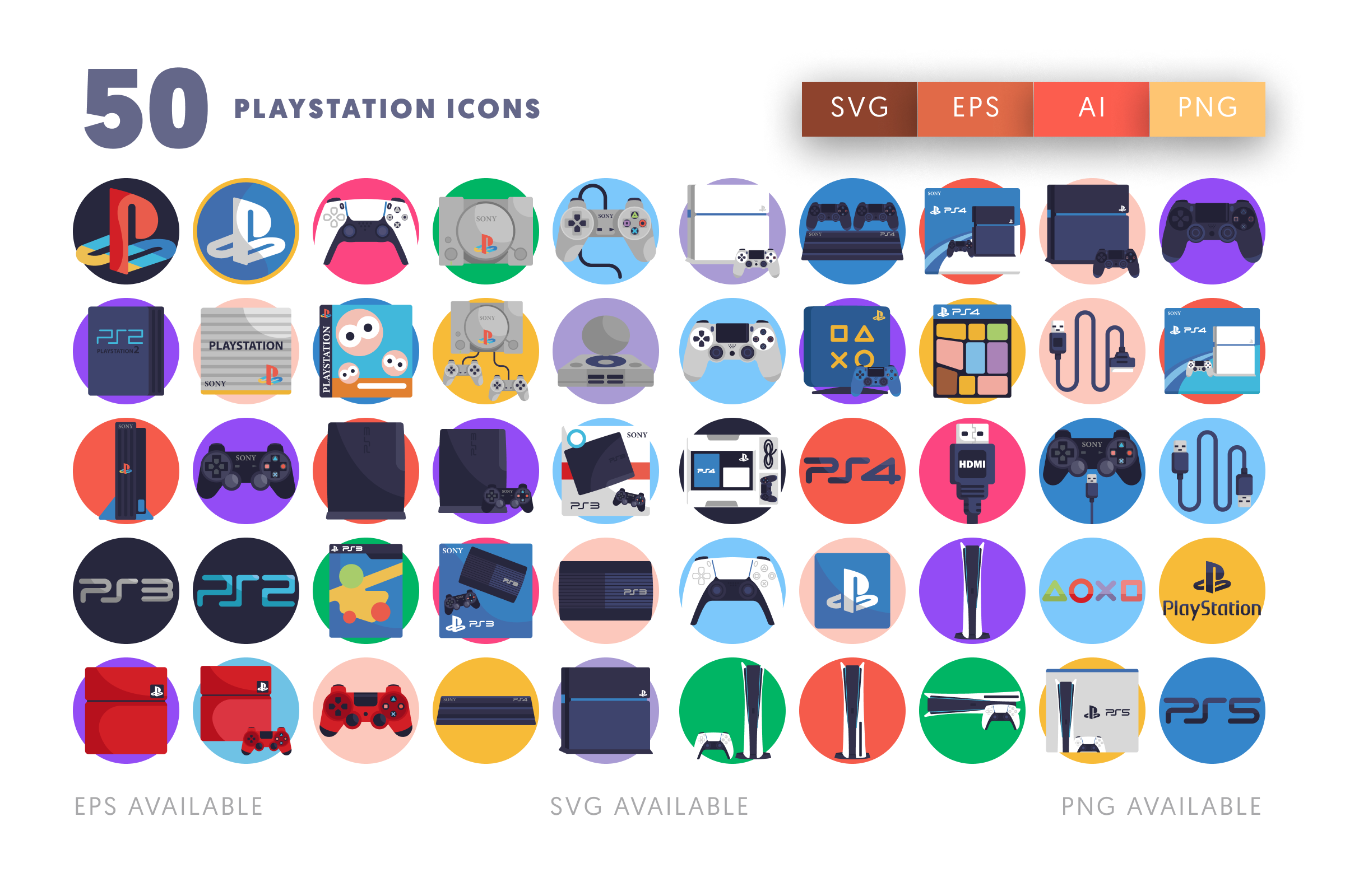 50 Playstation Icons – flat circle icon set