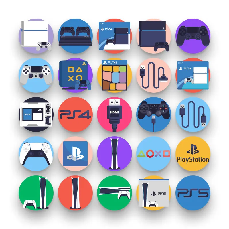 50 Playstation Icons – set of colorful flat circle icons