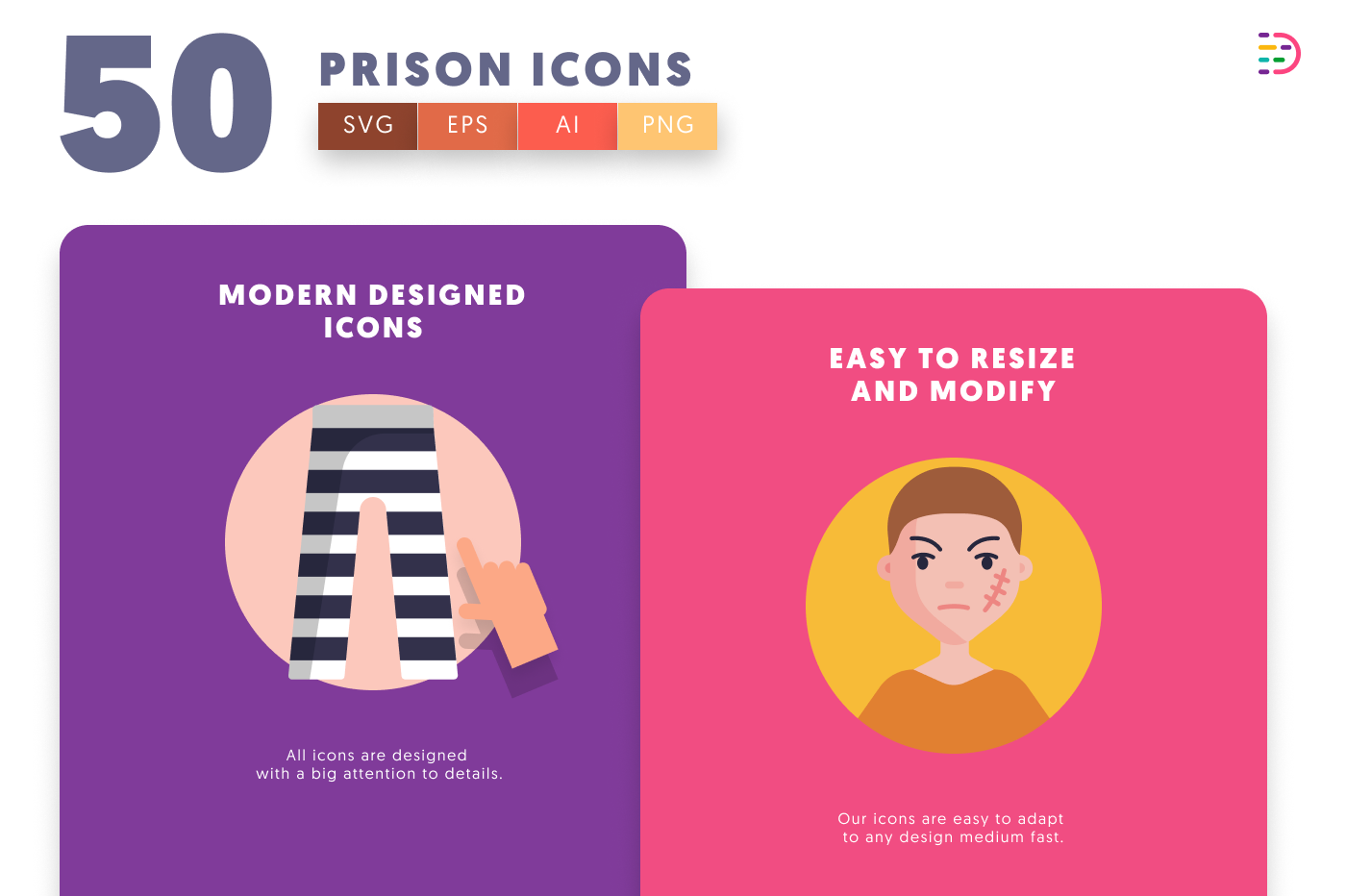 50 Prison Icons cover – flat circle icons in PNG, SVG and EPS
