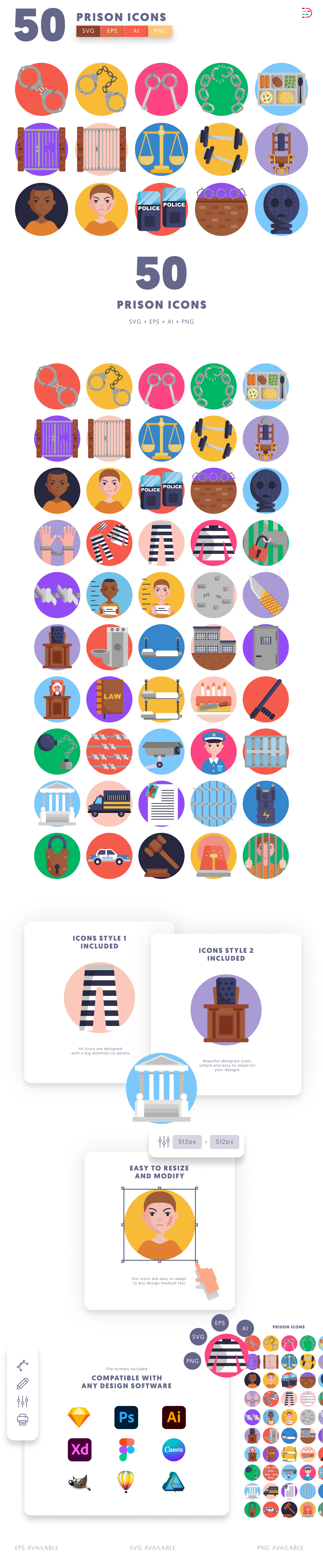 50 Prison Icons cover – flat circle icons in PNG, SVG and EPS