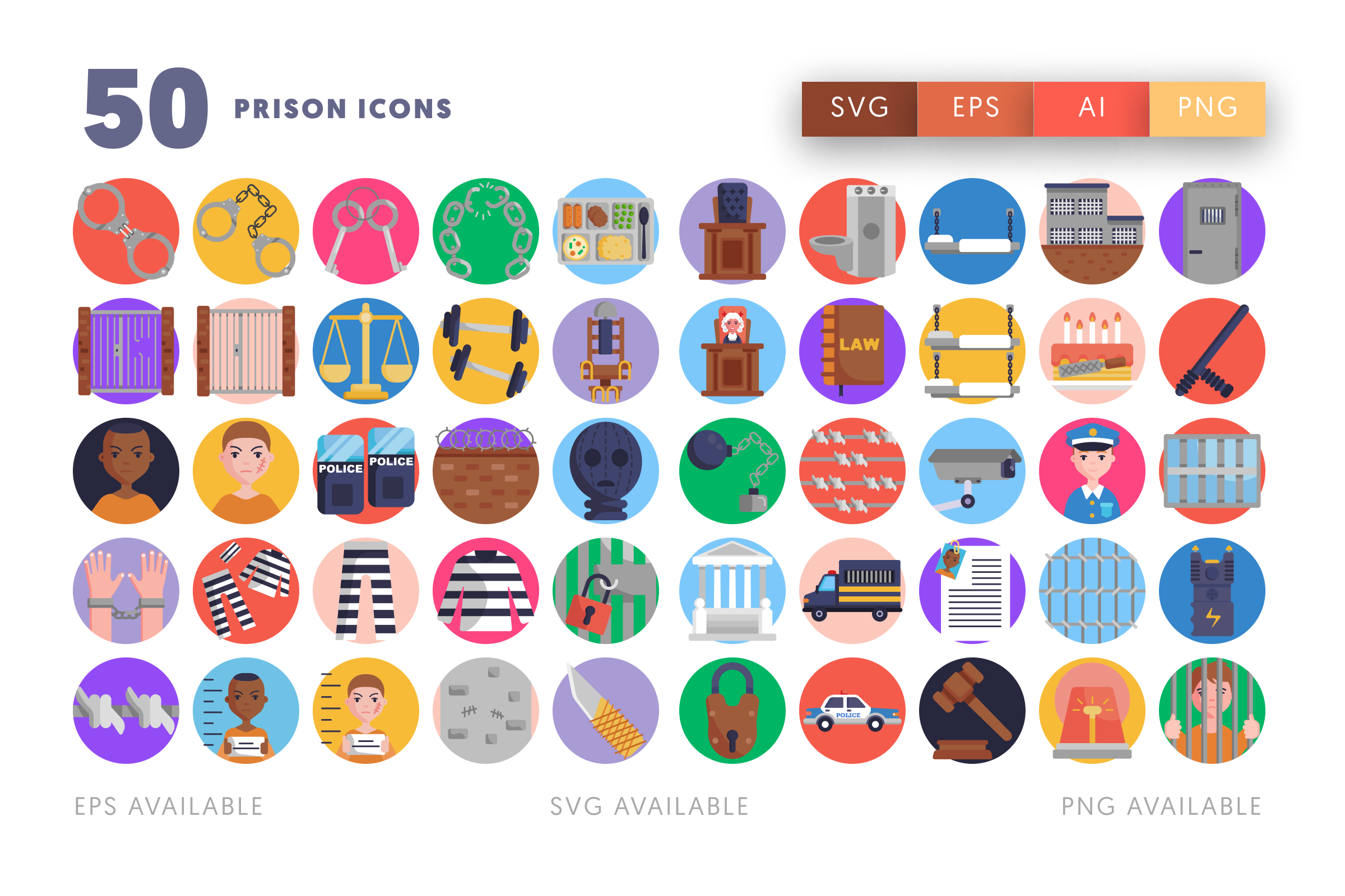 50 Prison Icons – flat circle icon set