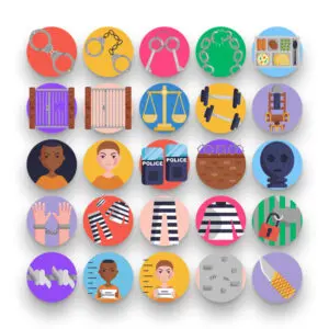 50 Prison Icons – set of colorful flat circle icons
