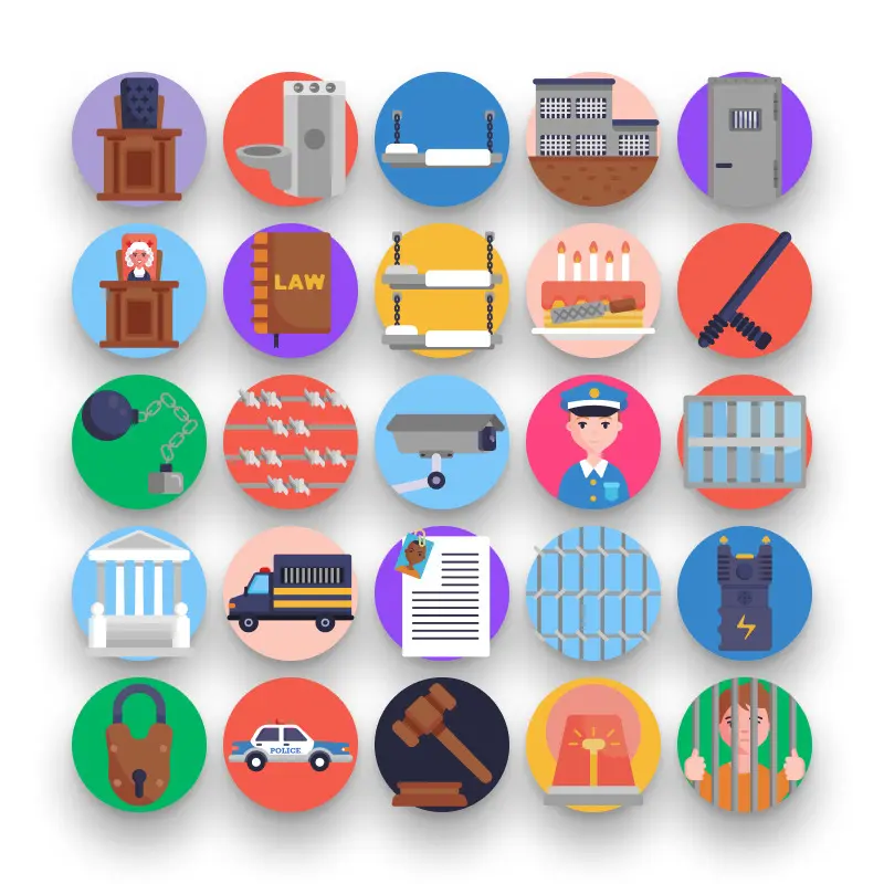 50 Prison Icons – set of colorful flat circle icons