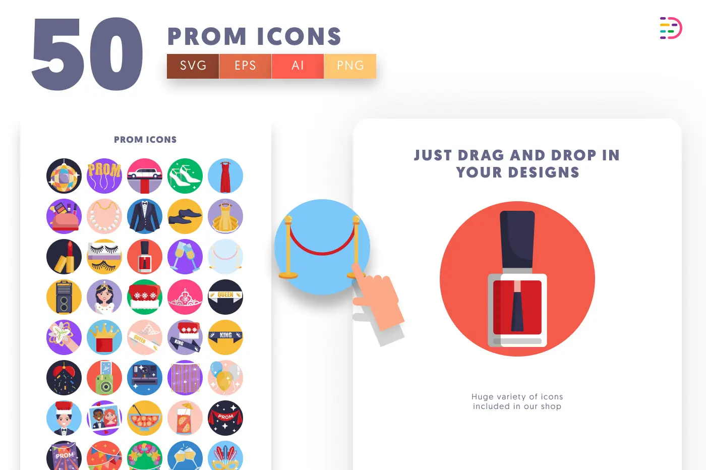 50 Prom Icons preview 1 – flat circle icons in PNG, SVG and EPS