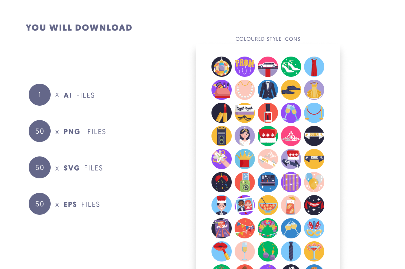 50 Prom Icons preview 9 – flat circle icons in PNG, SVG and EPS