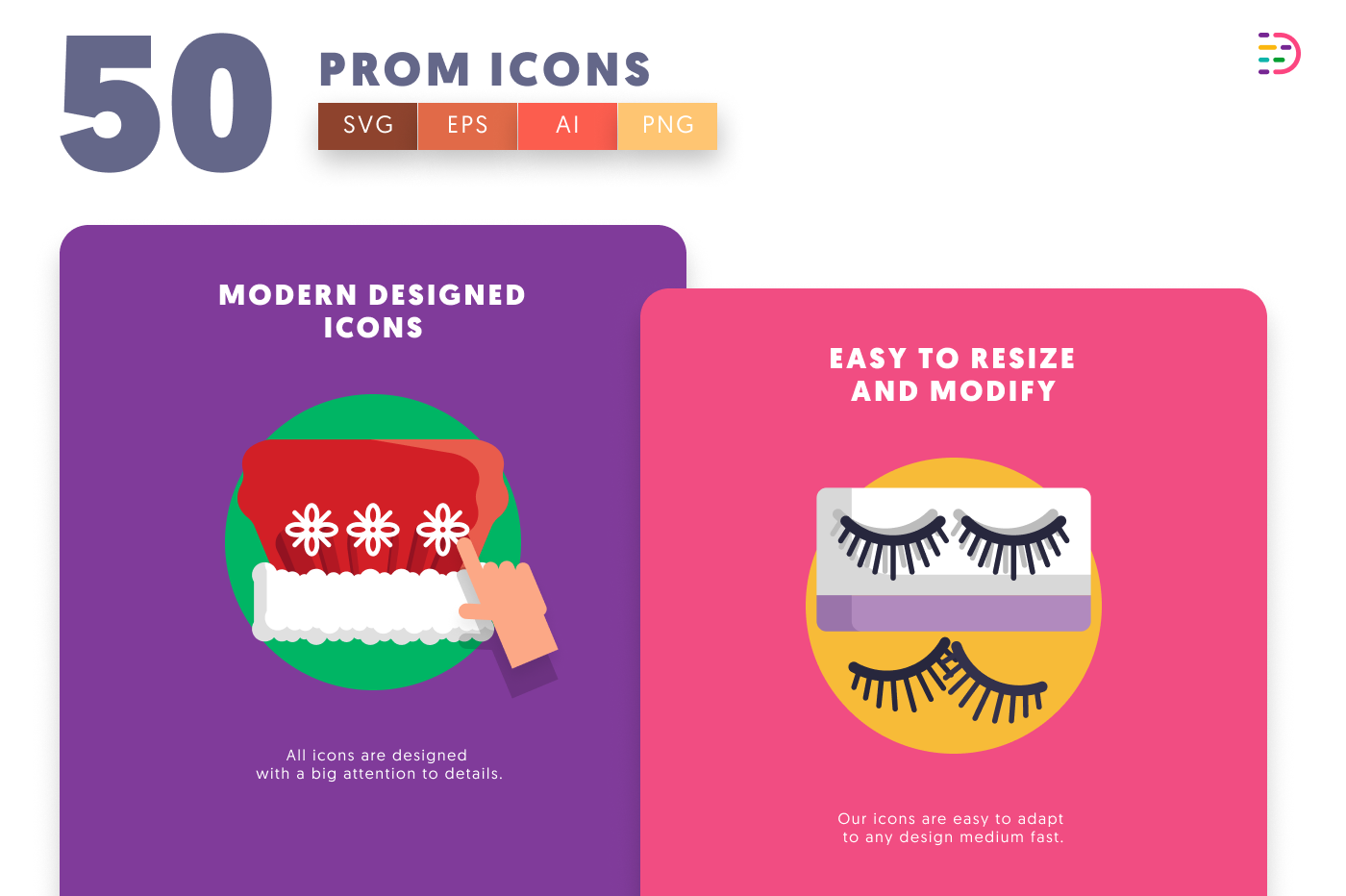 50 Prom Icons cover – flat circle icons in PNG, SVG and EPS