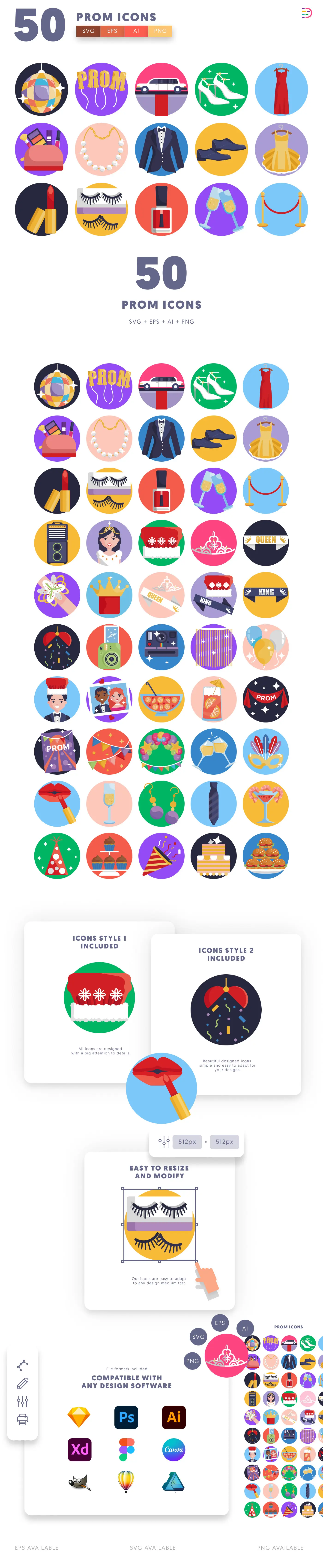 50 Prom Icons cover – flat circle icons in PNG, SVG and EPS