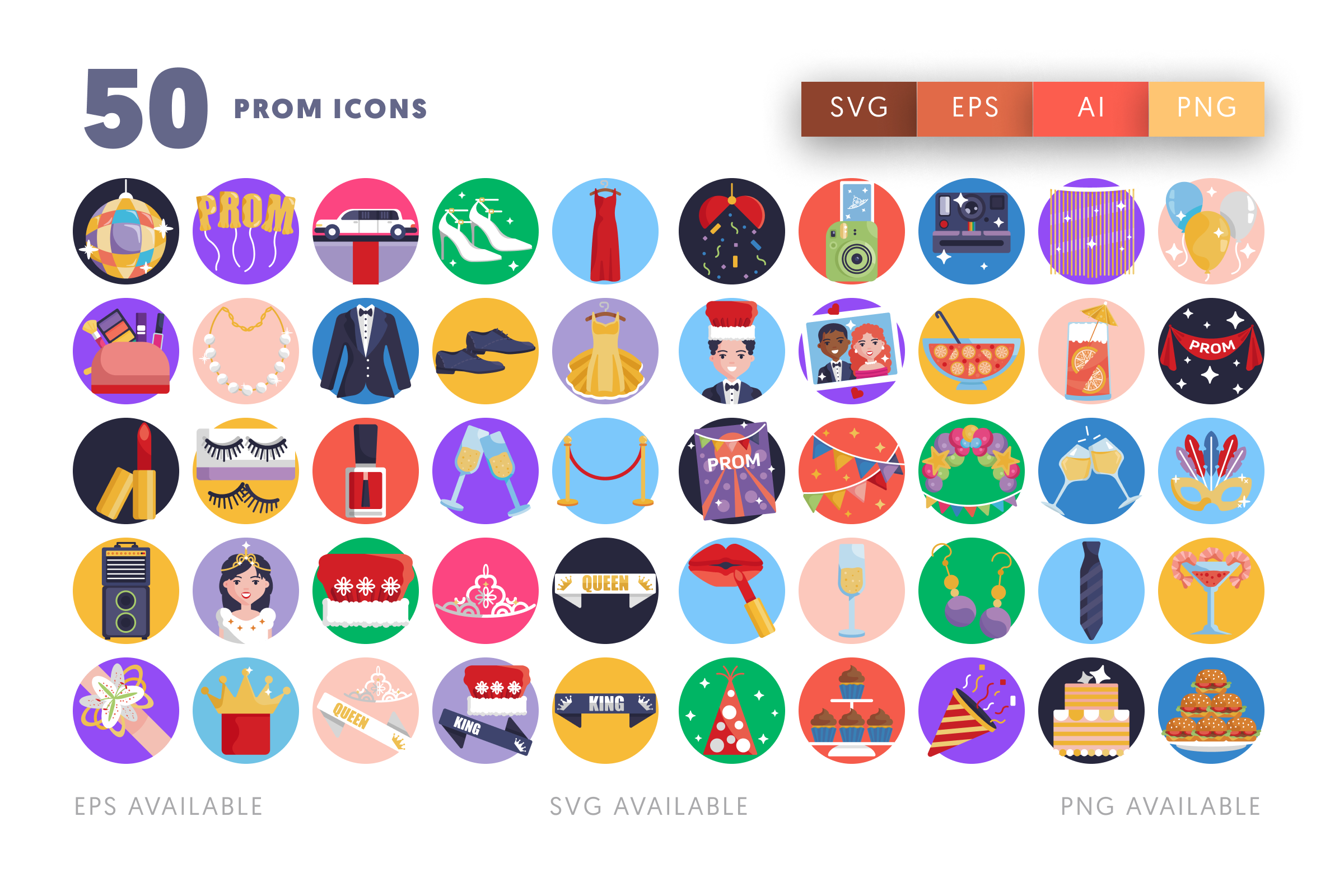 50 Prom Icons – flat circle icon set