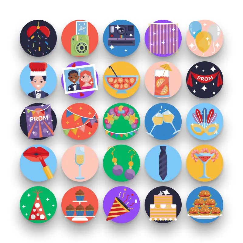 50 Prom Icons – set of colorful flat circle icons