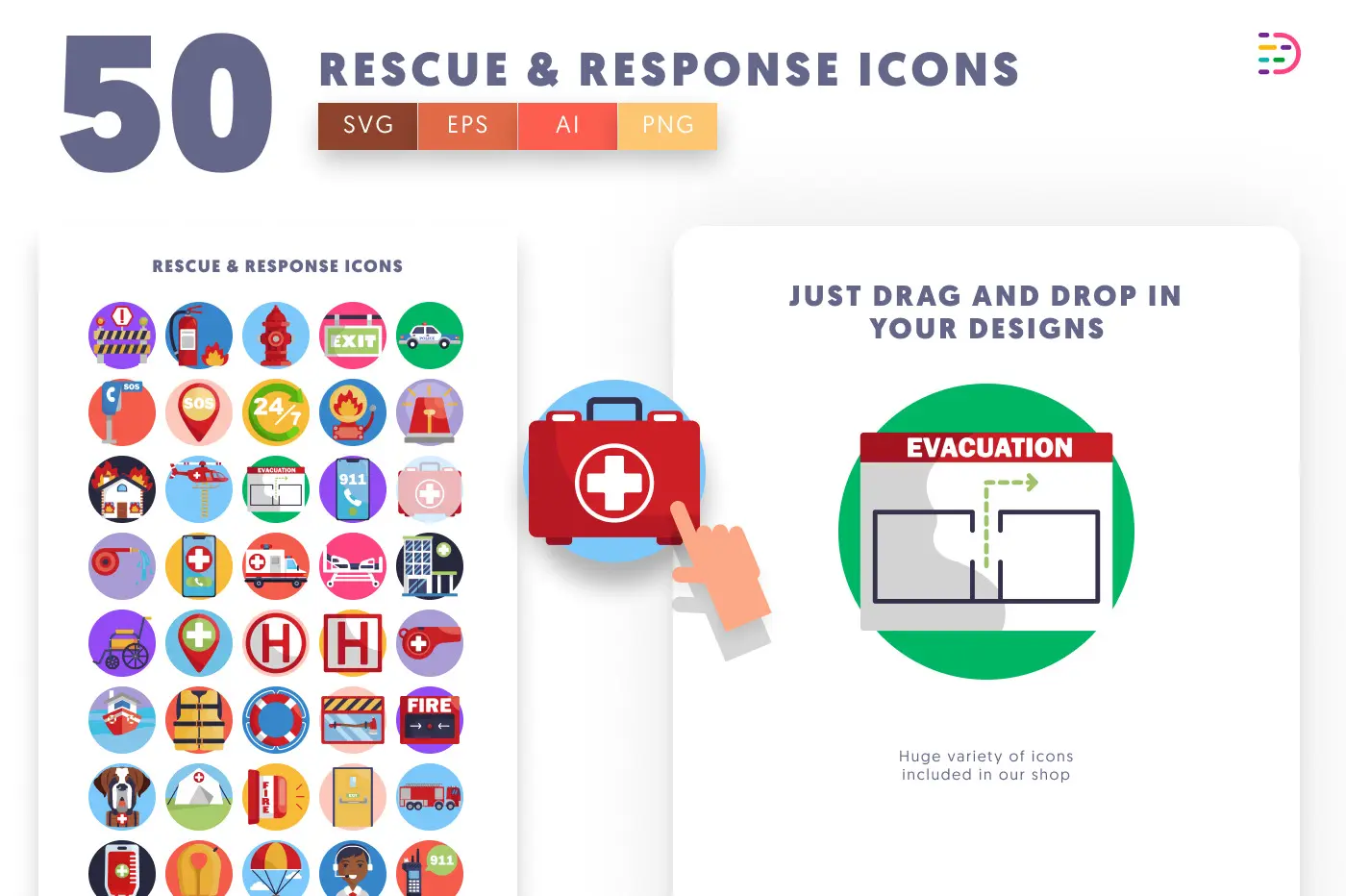 50 Rescue and Response Icons preview 1 – flat circle icons in PNG, SVG and EPS