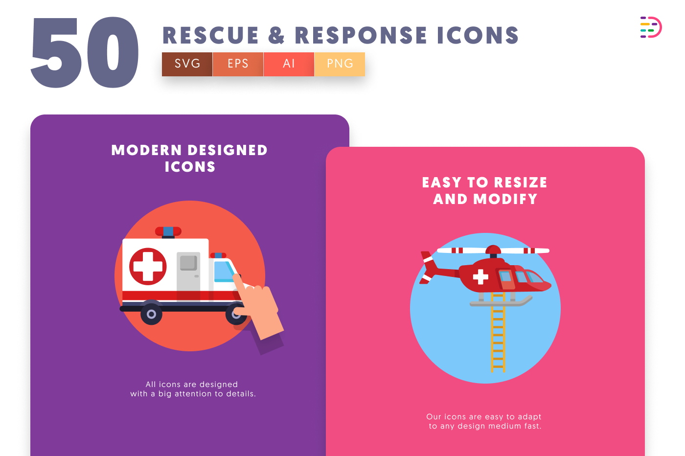 50 Rescue and Response Icons cover – flat circle icons in PNG, SVG and EPS