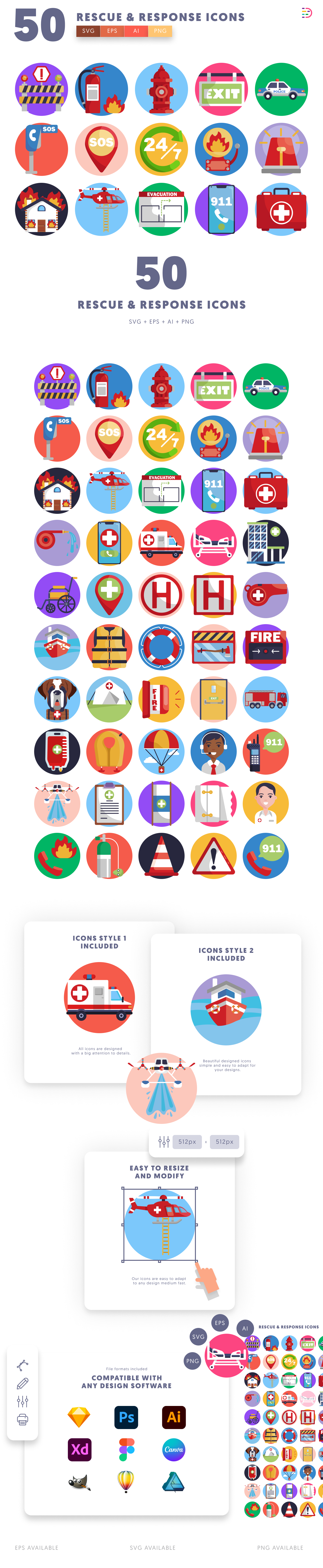 50 Rescue and Response Icons cover – flat circle icons in PNG, SVG and EPS