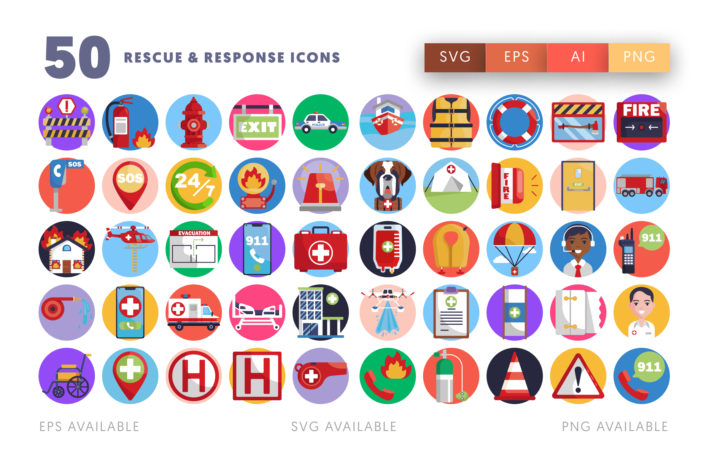 50 Rescue and Response Icons – flat circle icon set