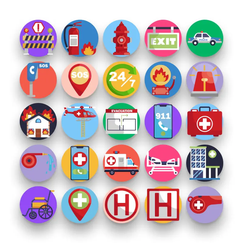 50 Rescue and Response Icons – set of colorful flat circle icons