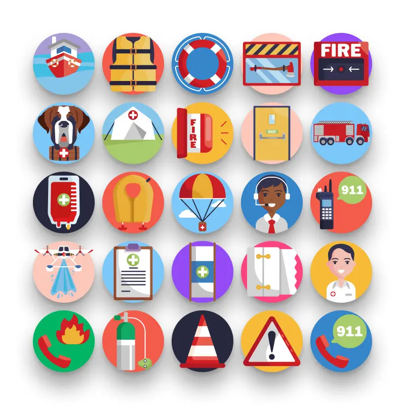 50 Rescue and Response Icons – set of colorful flat circle icons