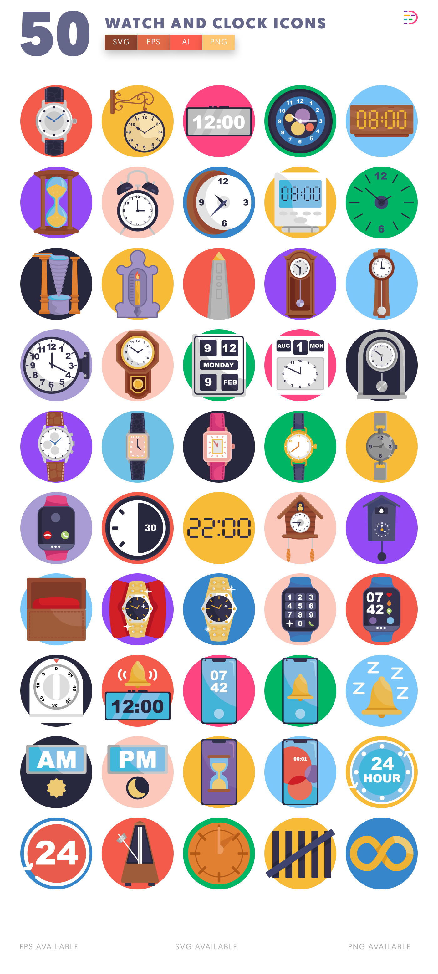 50 Watch and Clock Icons – all icons in the set