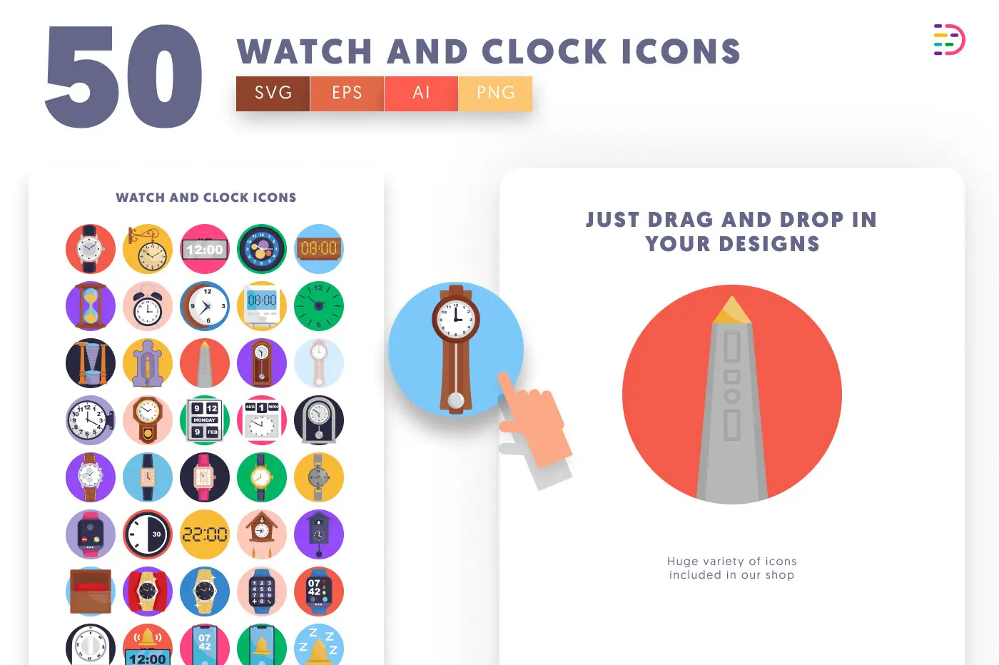 50 Watch and Clock Icons preview 1 – flat circle icons in PNG, SVG and EPS