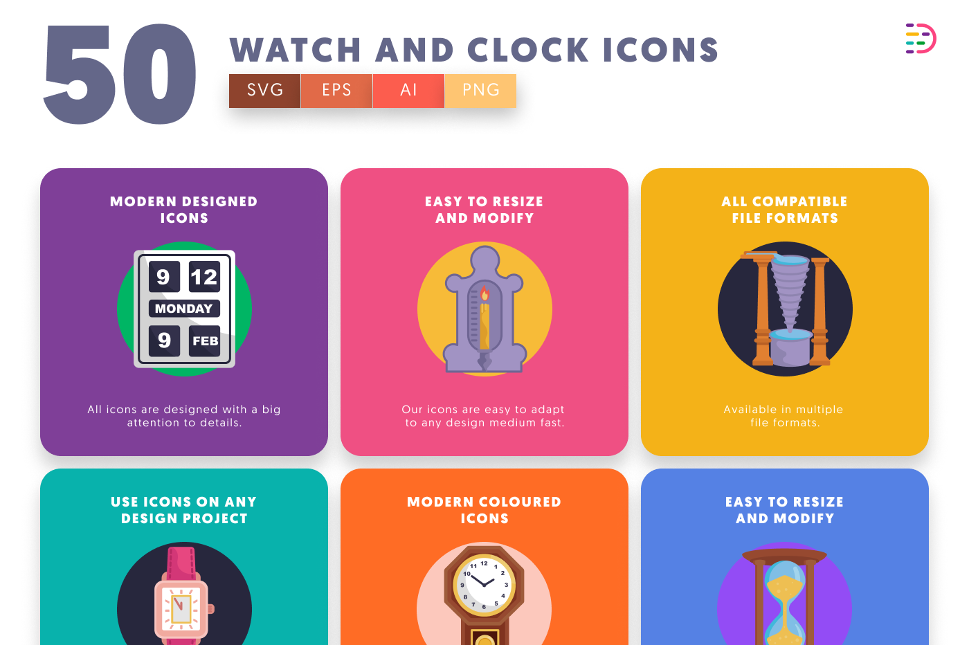 50 Watch and Clock Icons preview 5 – flat circle icons in PNG, SVG and EPS