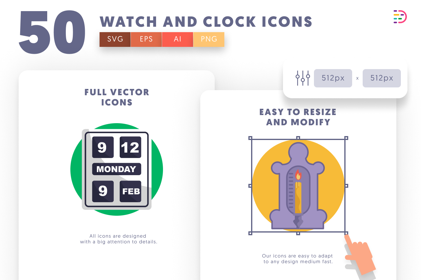 50 Watch and Clock Icons preview 6 – flat circle icons in PNG, SVG and EPS