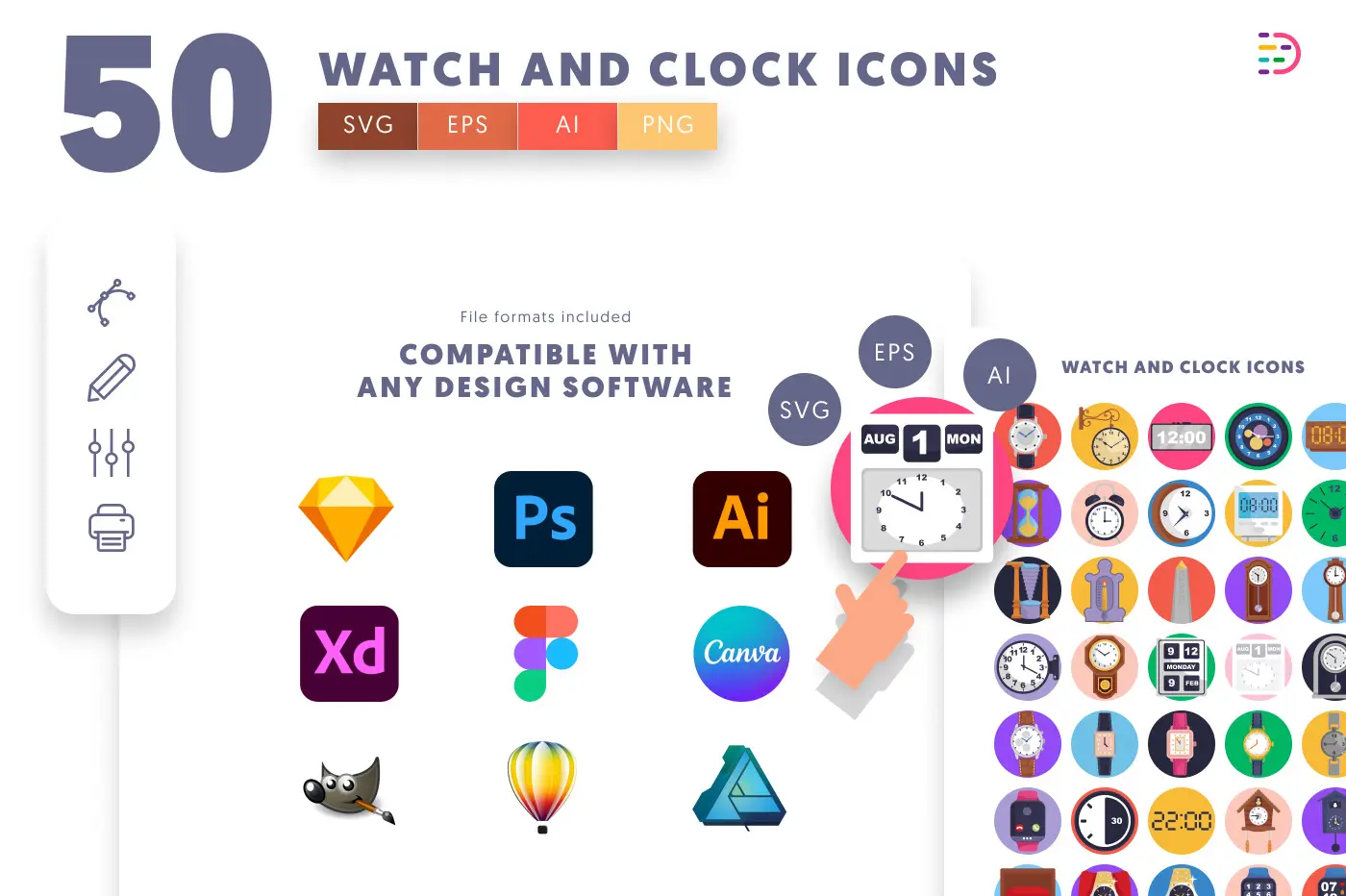 50 Watch and Clock Icons preview 8 – flat circle icons in PNG, SVG and EPS