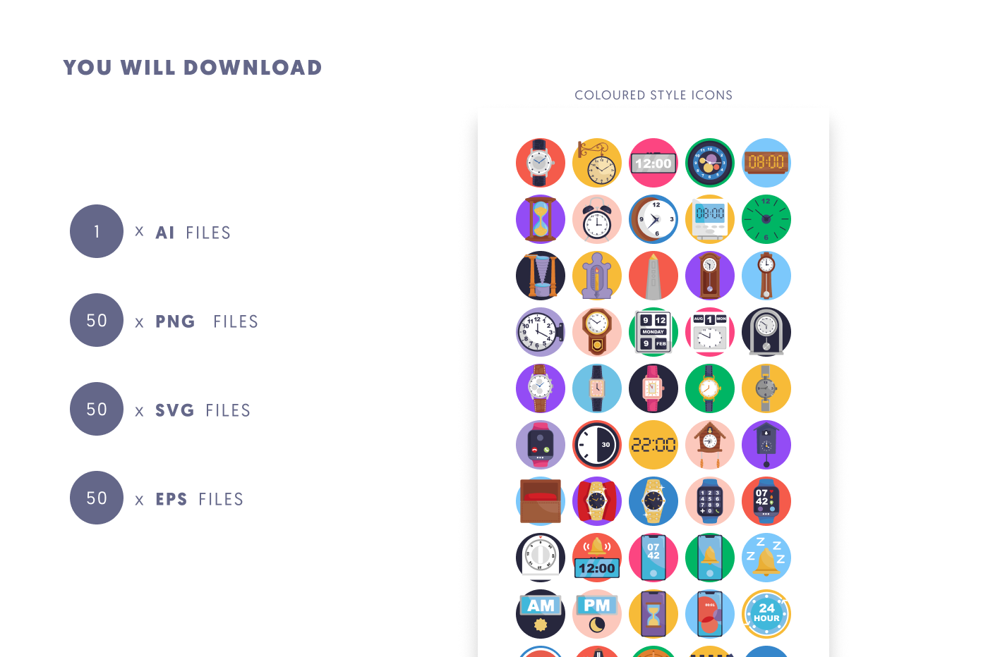 50 Watch and Clock Icons preview 9 – flat circle icons in PNG, SVG and EPS